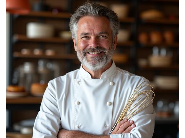 Portrait of Chef Marc Dubois, a distinguished Caucasian man with a neatly trimmed beard, in a classic chef's uniform, holding a whisk.