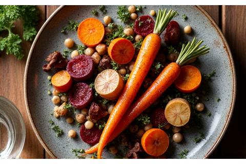 Autumnal dish with root vegetables and herbs.