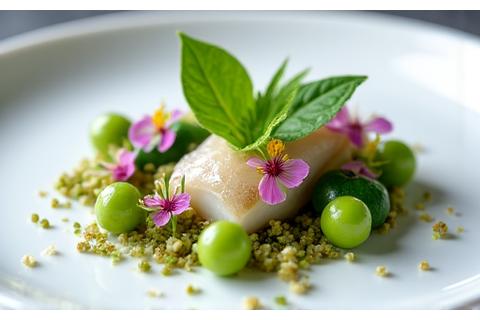 Spring dish with vibrant green vegetables and edible flowers.
