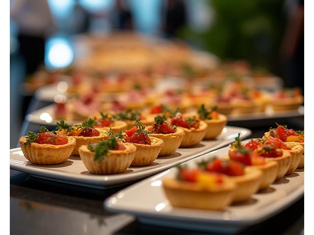 Elegant catering display with an assortment of gourmet appetizers at a corporate event.