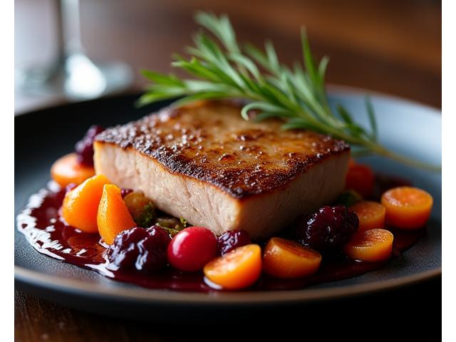 Beautifully plated pan-seared duck breast with seasonal root vegetables.