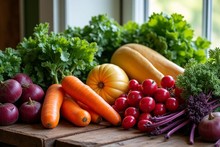 A vibrant assortment of freshly harvested, colorful seasonal vegetables on a rustic wooden table, bathed in natural light.